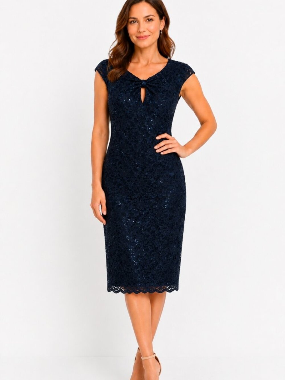 Neiman Marcus Navy Sequin Floral Lace Bow Dress Size 12 NWT